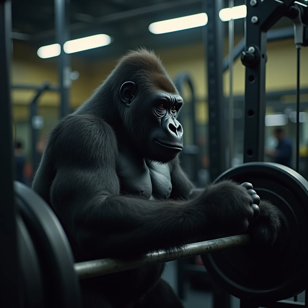 A gorilla working out with a lot of weight doing arm exercises in the cinematic gym