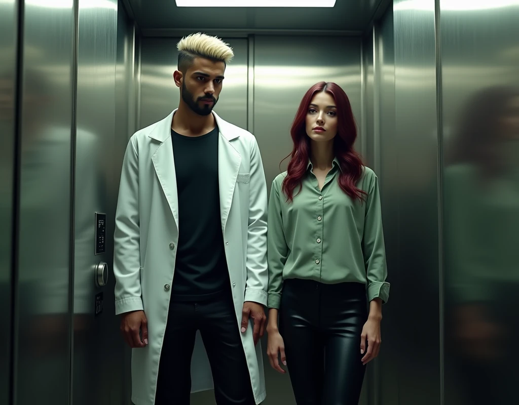 Attractive young man (tall:1.6) with crew cut platinum blond wavy swept-back hair, dark skin, long black stubble, Arabic-Egyptian features, white lab coat over a black t-shirt, black cargo pants and black boots, standing inside elevator next to a young woman (short:1.2) vibrant maroon side-parted medium-length wavy hair, very pale skin, soft green silk work blouse, low-rise black pants and black boots. Photorealistic, cinematic.