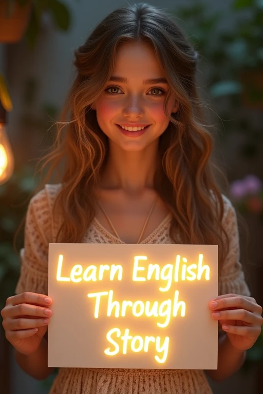 Beautiful girl with heart-warming smile and wavy long hair, bohemian dress, holding a white board with text "learn English Through Story" and showing it to the viewer, the board is glowing with the text.