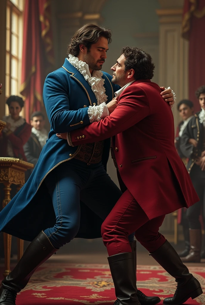 A man dressed in blue gala clothes dragging away another person dressed in a red suit, This is from the year 1700,in a room
