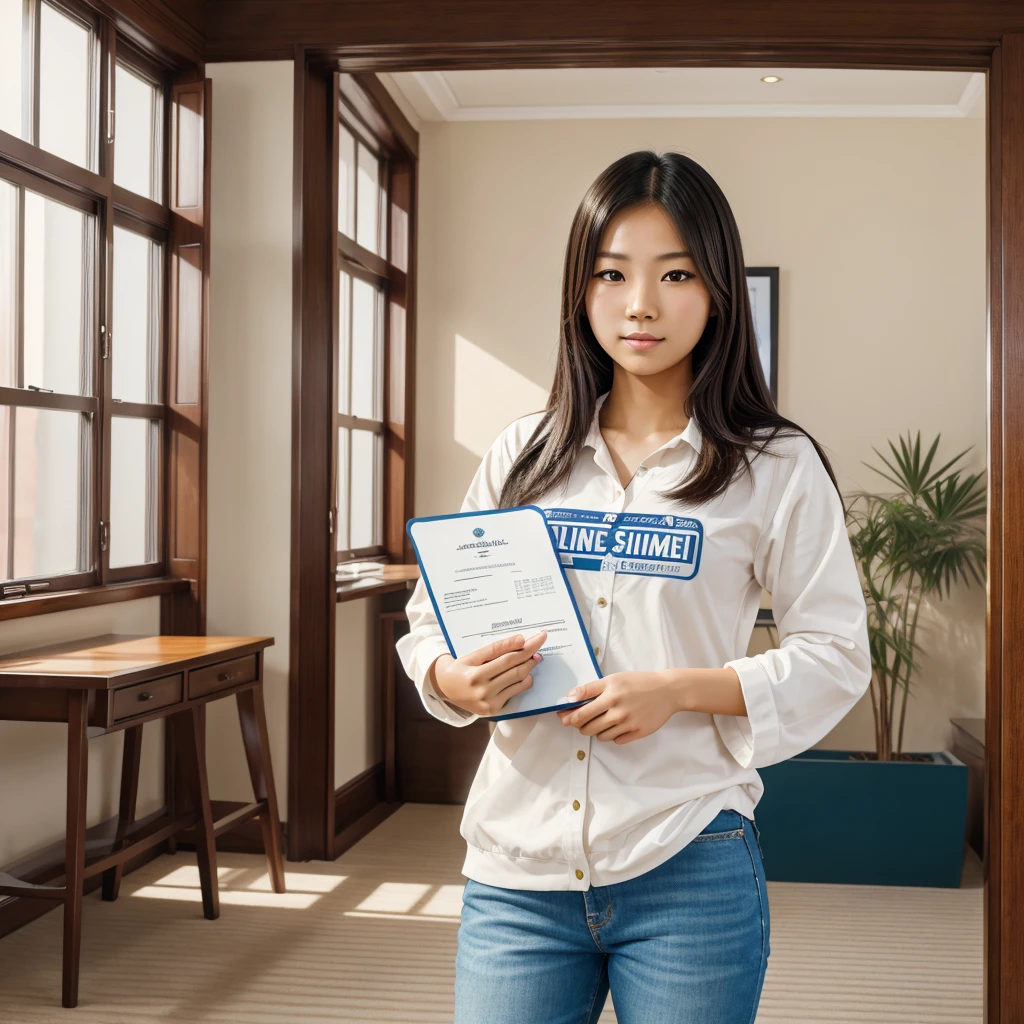 Best quality, masterpiece, highest details, 8K wallpaper, official art, young and pretty Asian female college student holding (((resume))) in hand ready to apply