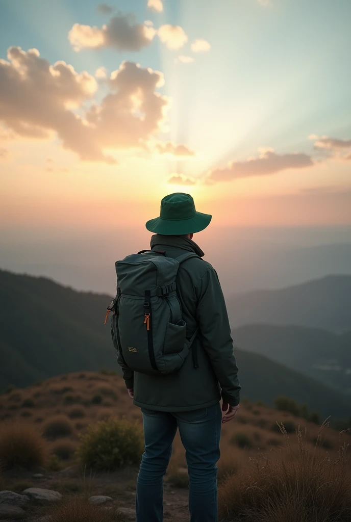 A man standing on the top of the hill,staring at a crepuscular clouds in the evening sky.he wears green hiking hat,photo were taken from his back.