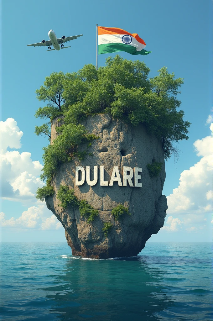 ((best quality)), ((masterpiece)), (detailed), perfect faceAn image of an old Stone in the middle of the sea with a forest wrapped around it, Dulare written on it, the Indian flag fluttering and an airplane flying in the sky