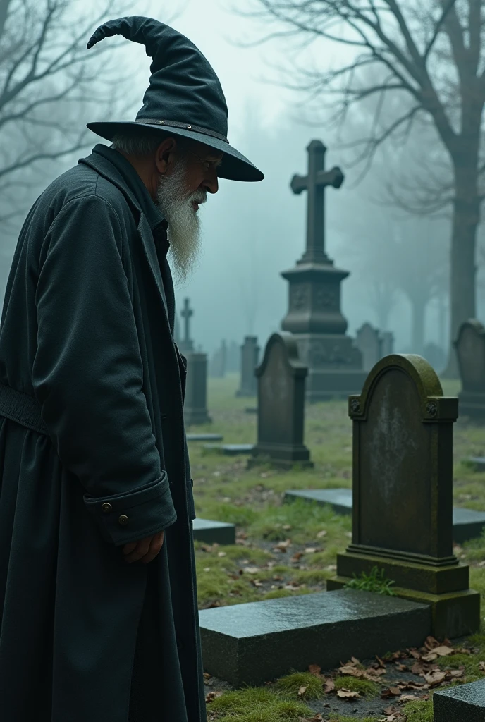 A graveyard and a old man wearing a long high cap standing near a grave and thinking. Make a clear image of this seen.