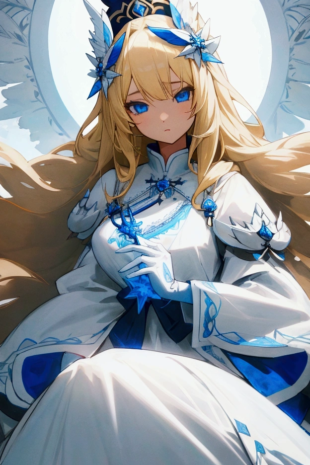 1 girl. blonde, long hair. Blue eyes. white fluffy dress. Many blue ornaments. seraphim.