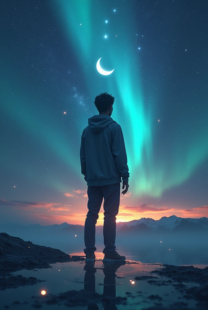 A person, from back view,reflection of cosmos inside the body,surrounded by the universe, twilight, sparks, stars, moon,aurora borealis effect, 4k visual effect, inquiring, about himself, grave, silent, interrogation point, on his head, visual effect 3d