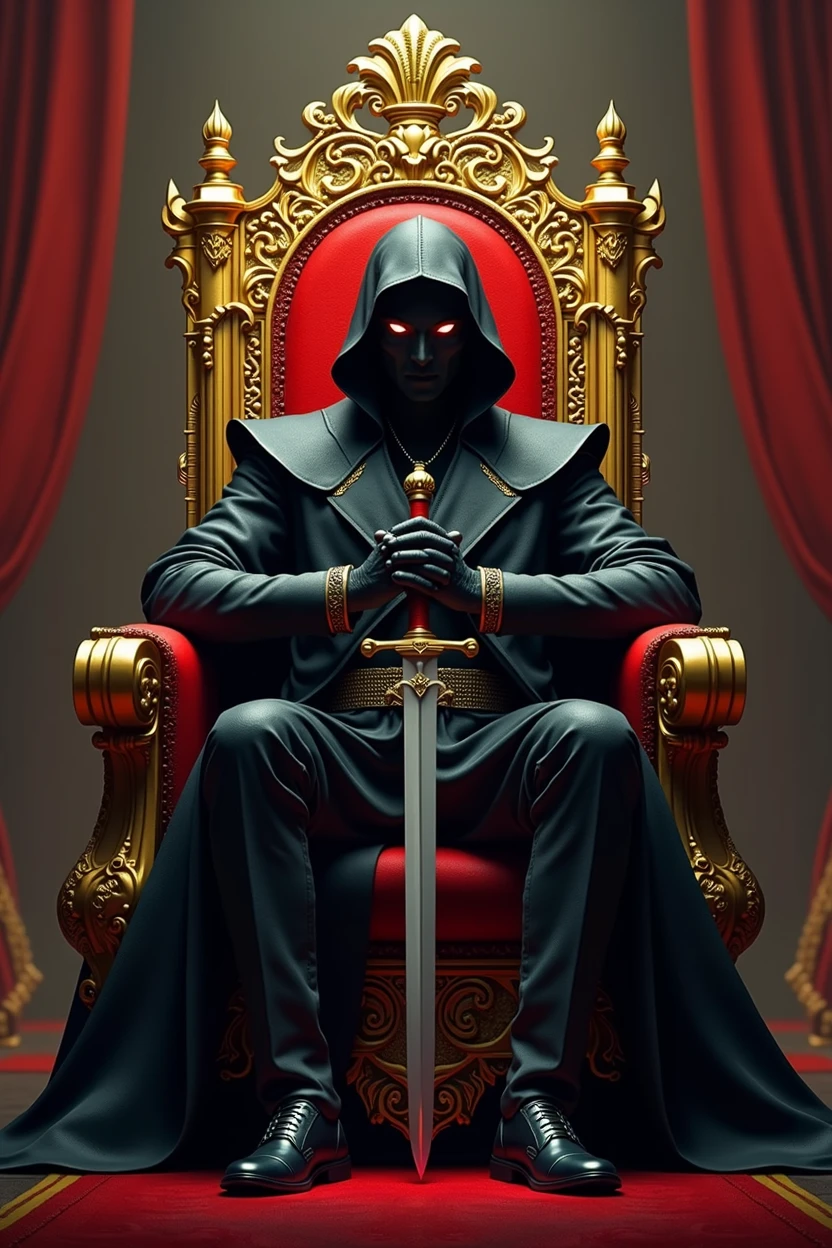  The image shows a man sitting on a throne, wearing a mask and holding a sword. The throne is made of gold and has a red and black design. The man appears to be in a royal or powerful position.