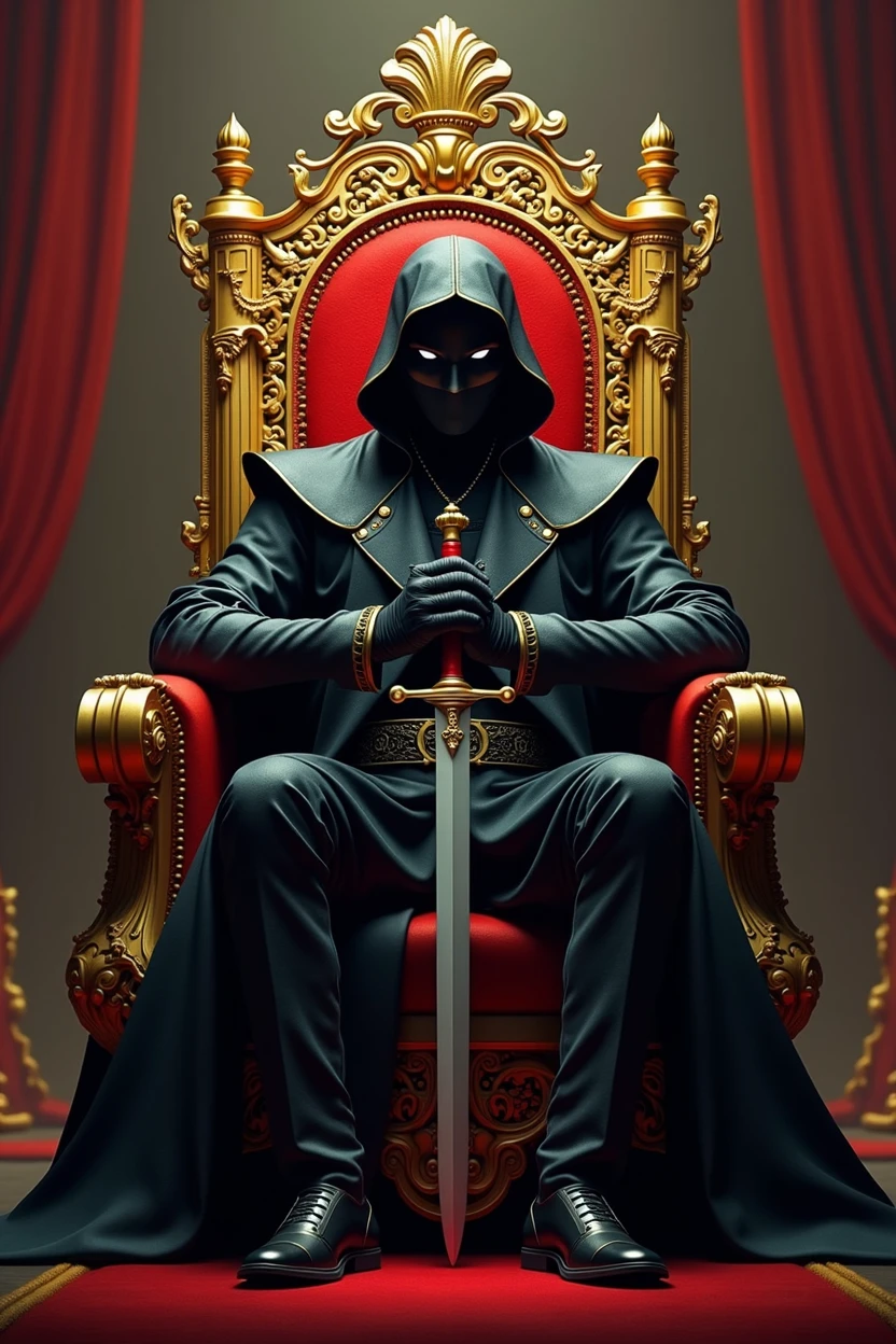  The image shows a man sitting on a throne, wearing a mask and holding a sword. The throne is made of gold and has a red and black design. The man appears to be in a royal or powerful position.