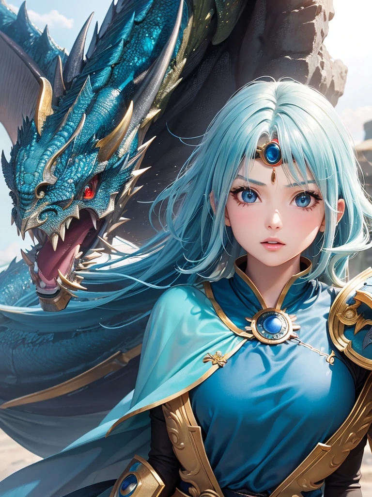 A Beautiful detailed girl with green wavey hair in Yamato Nadeshiko style, Break,short haircut, wearing blue leotard, Break,off-shoulder, black pareo skirt, Break,red cloak, Break,(circlet, wielding evil sword, fantasy Dragon Quest inspired scene , highest quality, 8K, highly detailed faces and bodies, masterpiece, high quality, realistic,photorealistic, detailed description, vibrant colors, studio lighting, physically based rendering:1.5)