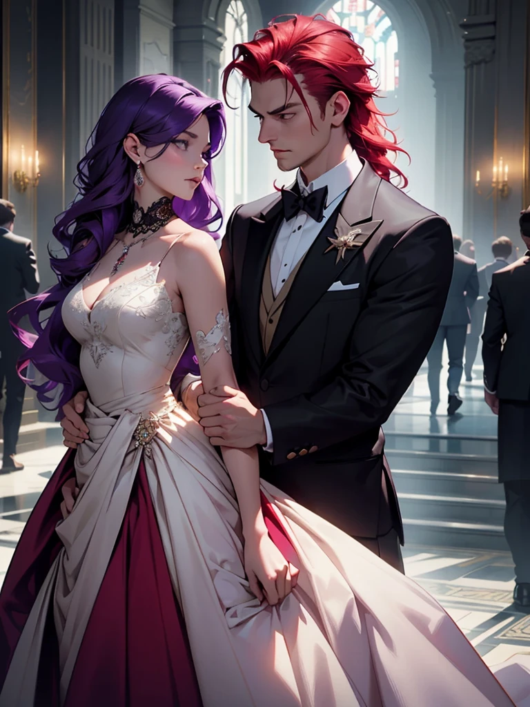 a man and a woman standing in a luxurious hall, the woman wearing an elegant ballgown dress with long purple hair styled beautifully flowing down her shoulders and waist, the man in a tuxedo with slicked back red hair, formal mafia party scene, the woman standing next to the man as he protects her, detailed face and eyes, photorealistic, cinematic lighting, dramatic atmosphere, vibrant colors, intricate details, high fashion, chiaroscuro lighting, moody, elegant, sophisticated, cinematic composition, award-winning photography, masterpiece, best quality, 8k, hyperrealistic, photorealism, physically-based rendering, extremely detailed, studio lighting. A girl stands next to a guy. He puts his arm around her waist, his face is gloomy. There are many people around. Young girl with boy.. *HER PURPLE HAIR* Red haired guy, guy with red hair, his RED HAIR.