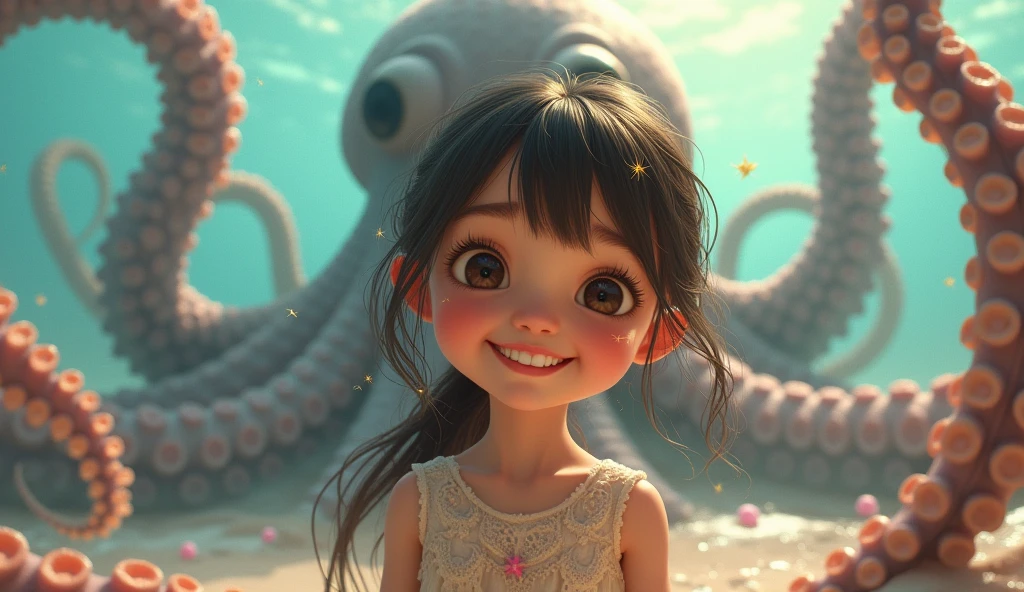Girl,smile,upper body, giant octopus legs in background,