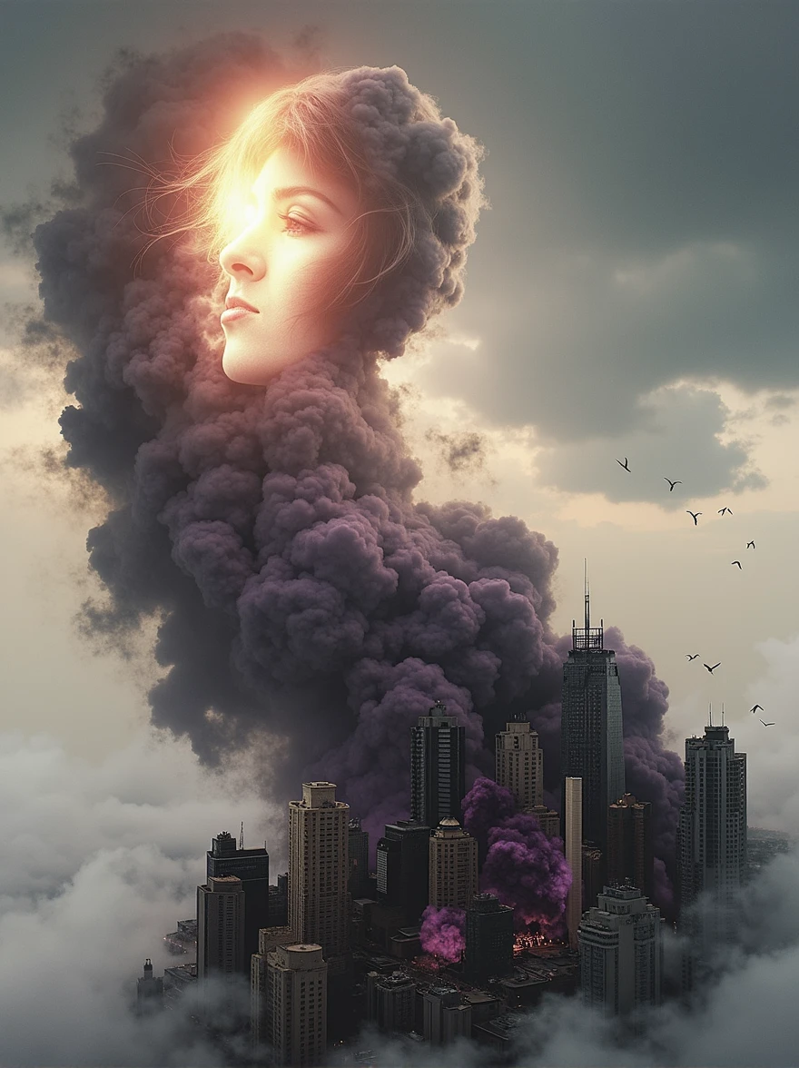 ((Purple mist and smoke shroud:1.7)), (Mysterious Fog:1.5), A visualization of an intense storm: the stormcloud takes the shape of a woman's face, obscured by the shadows and nuances of the turbulent cloud formations. From her mouth, strong winds are emitted, metaphorically speaking. These potent gusts are causing significant damage to a cityscape, reducing buildings to dust. Debris is scattered by the storm, painting a picture of the raw power of nature. However, the scene is devoid of people ensuring everyone's safety is prioritized in this imaginative depiction.