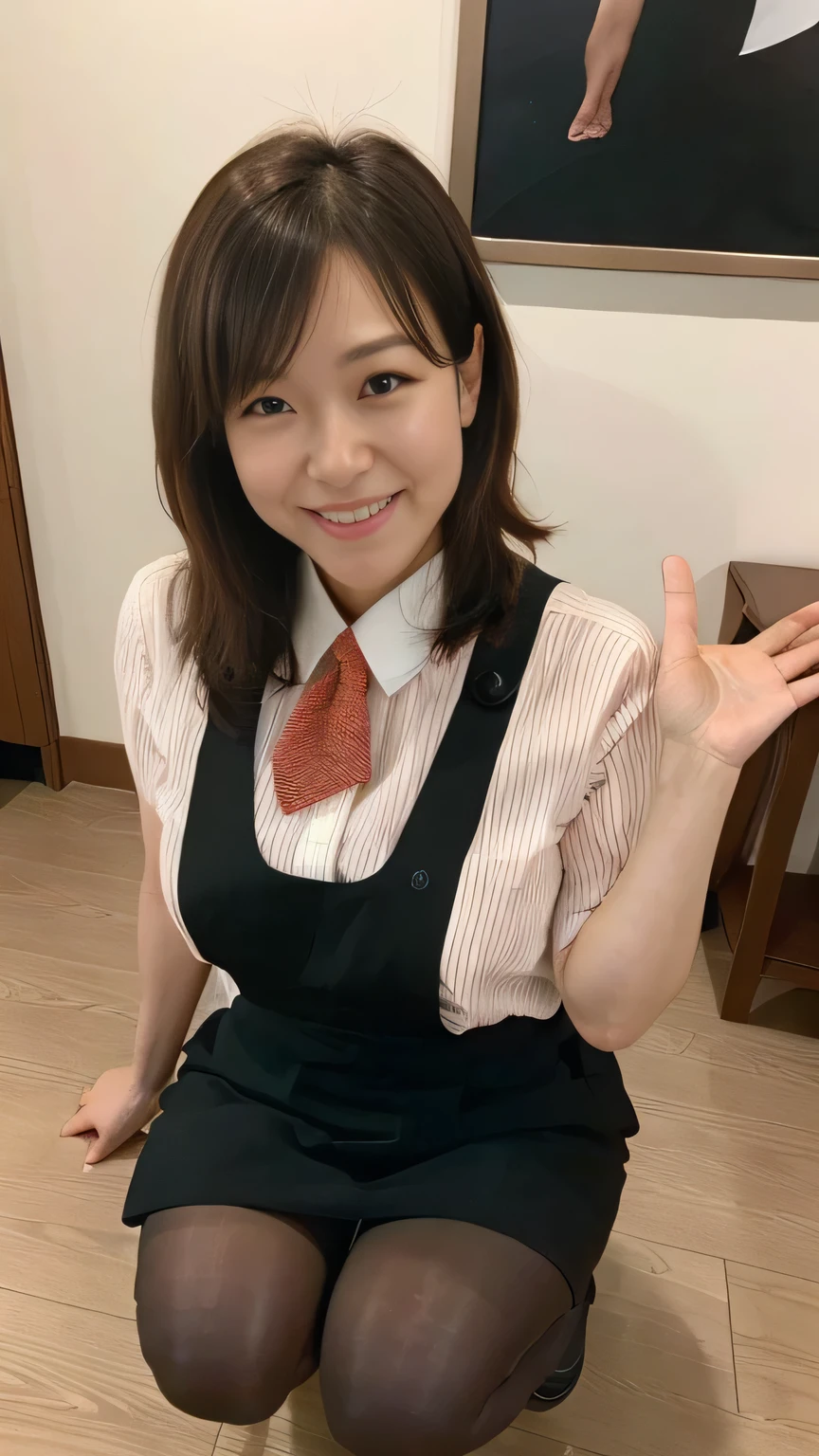 Highest quality、8k、masterpiece、Ultra-high resolution、Clear photos、Professional Lighting、Natural light、Realistic,、Highly detailed skin、Perfect Anatomy、(Beautiful Hands)、(Beautiful fingers)、One Woman、Age 25、Baby Face:1.8、Large Breasts、(Large areola)、Glamour、Bob Hair、Brown Hair、Beautiful Hair、smile、Star Uniform、Black vest、Short sleeve shirt、Black tight mini skirt、((Perfect Pantyhose:1.2))、((Black Pantyhose:1.1))、At the cafe、((Squatting on the floor and legs open))