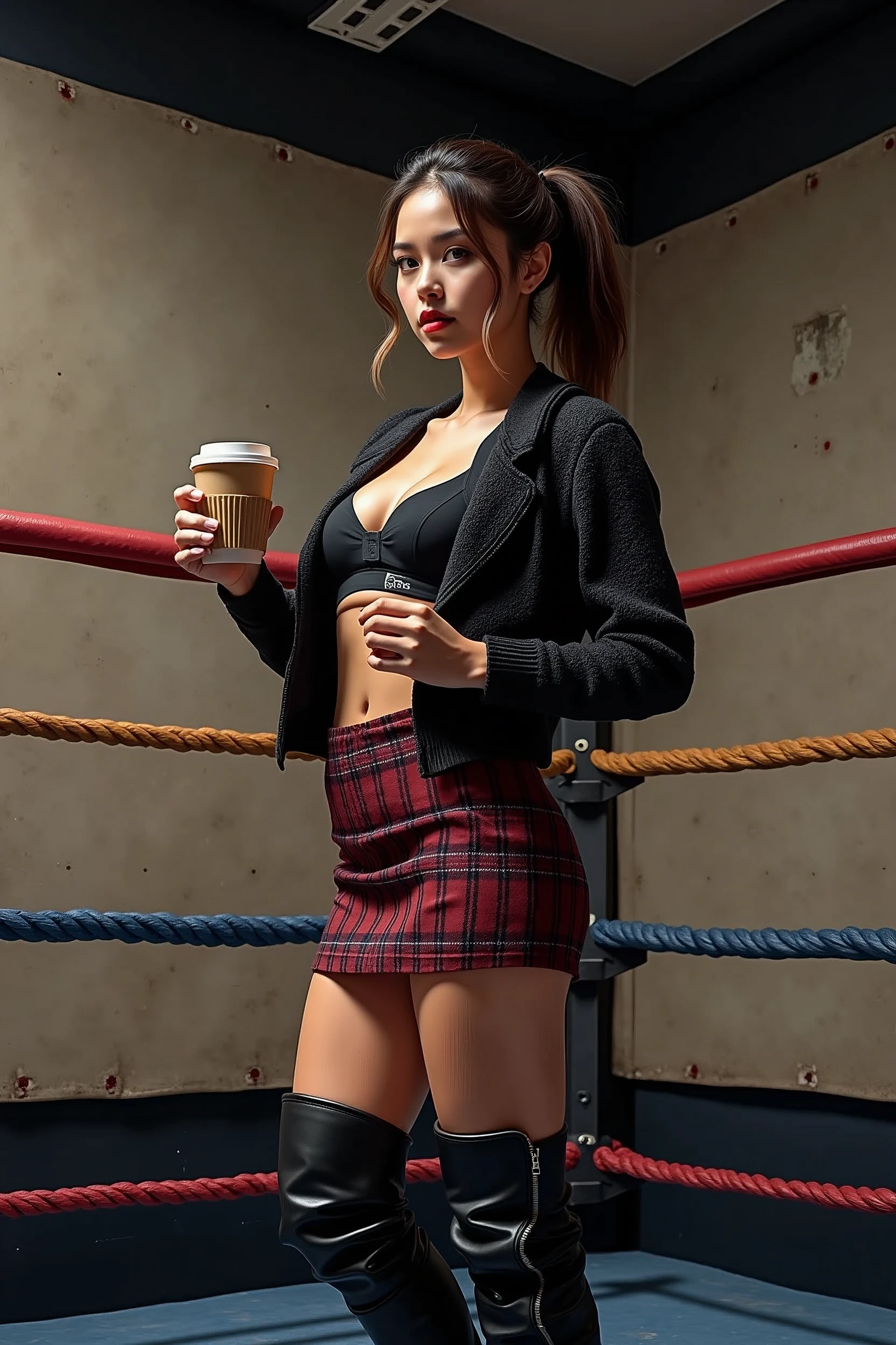 Wrestling ring portrait, a 25-year-old woman holding a coffee cup, black cropped knitted cardigan, arm:1, dark red narrow skirt with black plaid pattern, sports bra, black knee-high wrestling boots, standing next to the ropes