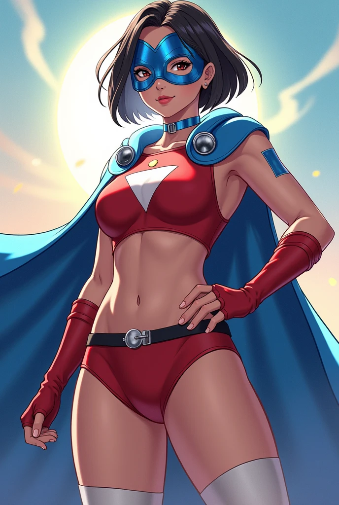 Female, age 25-30, japanese, dark hair, bob cut, chubby, full body, costume: blue metallic domino mask, blue choker, blue cape, sleeveless red spandex with white sides, up side down white triangle symbol, O-shape belly cutout, blue undies, thighs out, white thigh-high socks, blue boots, red fingerless gloves, white shooter sleeves, metallic bands on wrists and boots, sun background