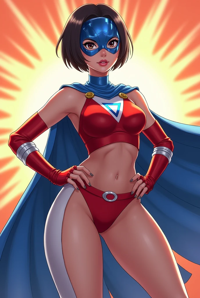 Female, age 25-30, japanese, dark hair, bob cut, chubby, full body, costume: blue metallic domino mask, blue choker, blue cape, sleeveless red spandex with white sides, up side down white triangle symbol, O-shape belly cutout, blue undies, thighs out, white thigh-high socks, blue boots, red fingerless gloves, white shooter sleeves, metallic bands on wrists and boots, sun background