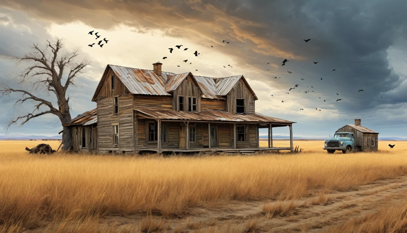 A desolate, rustic farmhouse in an expansive, barren field. The house has an old, weathered appearance with corrugated metal roofing and wooden siding, showcasing signs of decay. The landscape features dry, yellowed grass and leafless trees under an overcast sky. Two figures stand near the house, adding to the eerie and deserted atmosphere. A flock of birds flies overhead, enhancing the scene's somber and isolated mood. Hyper realistic photo, vibrant colors, 16k