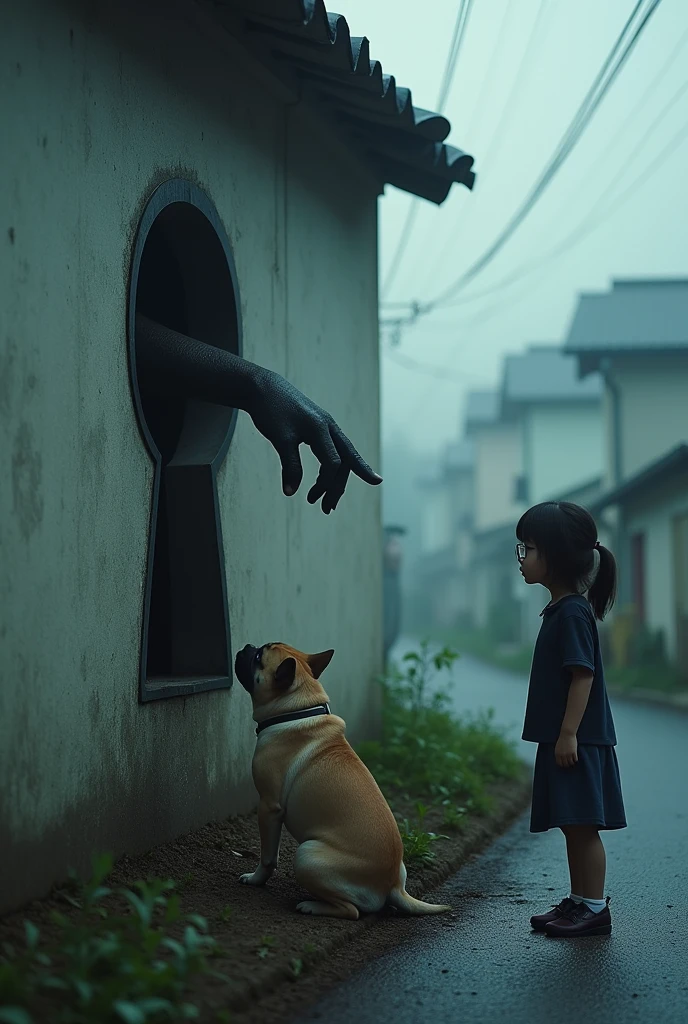 A small Japanese residential area shrouded in morning mist、A large black keyhole has appeared on a part of the wall at the construction site with defects, and a black hand is reaching out from it towards a dog.、A young elementary school girl with glasses standing nearby, looking surprised.、A pug and French bulldog mix、Creepy、Creepy、Very detailed、Cinematic lighting、Dramatic colors、Moodyな雰囲気、(Highest quality、4K、8k、High resolution、masterpiece:1.2)、Super detailed、(Real、Photorealistic、Photorealistic:1.37)、Dramatic lighting、Dark Shadows、Moody、mysterious、Surreal、Creepy
