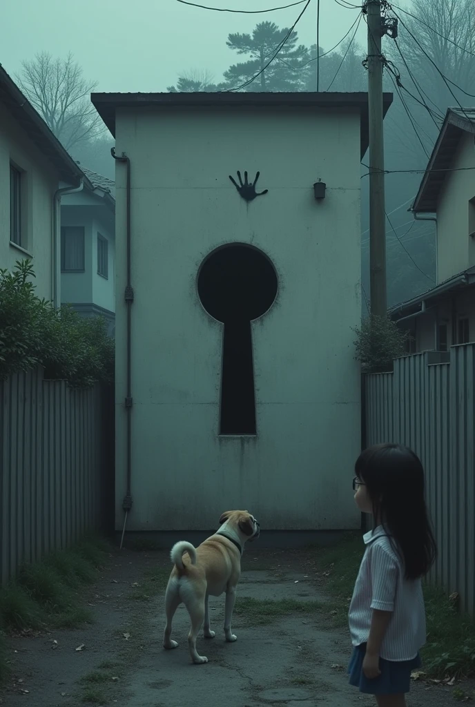 A small Japanese residential area shrouded in morning mist、A large black keyhole has appeared on a part of the wall at the construction site with defects, and a black hand is reaching out from it towards a dog.、A young elementary school girl with glasses standing nearby, looking surprised.、A pug and French bulldog mix、Creepy、Creepy、Very detailed、Cinematic lighting、Dramatic colors、Moodyな雰囲気、(Highest quality、4K、8k、High resolution、masterpiece:1.2)、Super detailed、(Real、Photorealistic、Photorealistic:1.37)、Dramatic lighting、Dark Shadows、Moody、mysterious、Surreal、Creepy