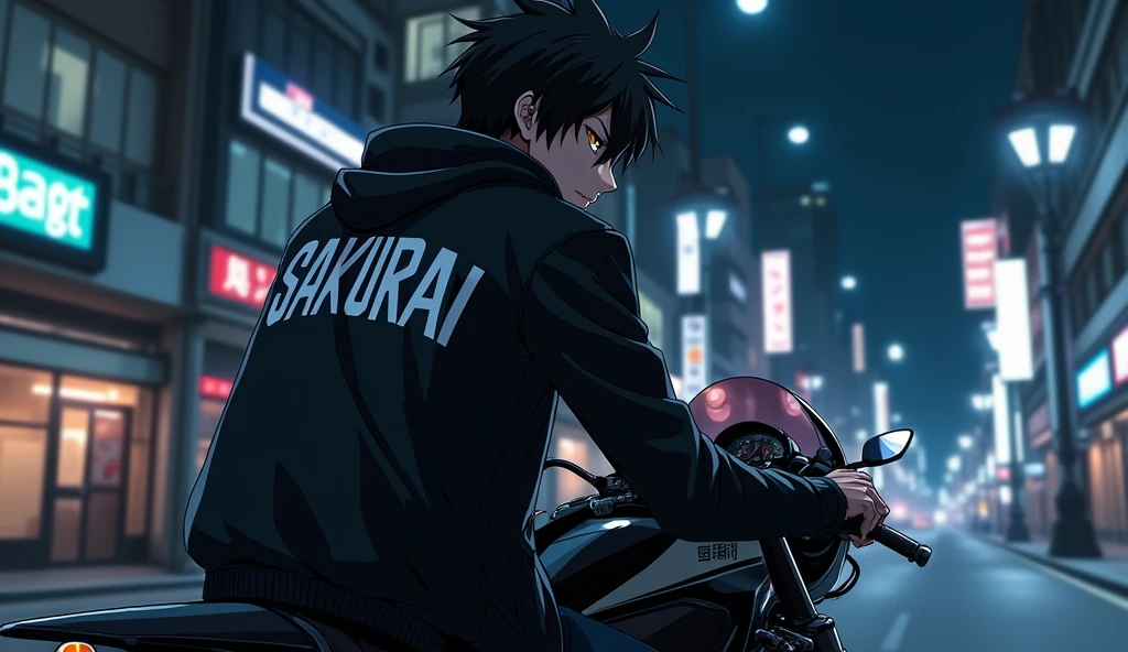 anime guy wearing a black jacket with imprint written saying "SAKURAI" (Character is riding a motorcycle at night