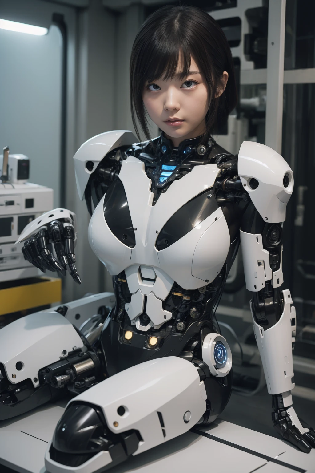 masterpiece, best quality, extremely detailed,8k portrait,Japaese android girl,Plump,control panels,android,Droid,Mechanical Hand, Robot arms and legs, Black Robot Parts,Black hair,Mechanical body,Blunt bangs,White robotics parts,perfect robot girl,long tube,thick cable connected her neck,ceramic body ,mechanical body,mechanical costume,android,robot,humanoid,cyborg,japanese android woman,mechanical chest,future laboratory,connecting a cable between the legs,rolling eyes