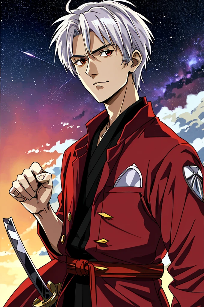 Highest quality, masterpiece, High resolution,，（Kouzou Fuyutsuki），（smug face），Holding a Japanese sword in his right hand，Evangelion，（Starry Sky_background），Old Man，Anime Style, 4K, alone，whole body， looking at the camera, （wine-red_coat）Dark Eyes，White Hair，Short Hair，（Full Finger）, Hyper Detail, (Intricate details),