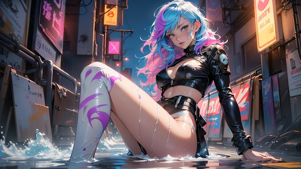 cute cartoon girl,(((1girl))),((extremely cute cartoon girl with liquid paint hair)),
(large breasts:1.4),(((very long hair,absurdly long hair,hair down to the waist,liquid paint hair:1.1,neon purple hair|neon pink hair|neon blue hair|neon aqua hair|purple hair|fuchsia hair|fluorescent blue hair|amethyst hair|neon hair|bright pink hair :1.5,bright hair: 1.3,hair made of paint and defies gravity,thick flowing,paint splatter:1.3,shiny hair: 1.3,vibrant colored hair))),((heterochromia:1.5, (purple_eye and pink_eye))),intricate eyes,beautiful detailed eyes,symmetrical eyes,((fat)),(((lustrous skin:1.5,bright skin: 1.5,skin tanned,shiny skin,very shiny skin,shiny body,plastic glitter skin,exaggerated shiny skin,illuminated skin,wet legs))),(spider lower abdomen,narrow waist,wide hip,athletic body,inflated legs, thick thighs,detailed body,(detailed face)),
cute,slutty,seductive,erotic,(nsfw)
(((liquid paint clothes,clothes made of liquid paint,body paint))),underboob,with liquid paint micro clothes,body paint,dripping paint,liquid pain tiny thong,bare legs,((wet liquid paint clothes,detailed outfit,detailed liquid paint clothes)),
(dynamic pose:1.0),solo focus,embarrassed,(centered,scale to fit dimensions,Rule of thirds),
cyberpunk city by the ocean at night, with bright neon signs and dark stormy clouds and puddles, scenery:1.25,nighttime, starry night, cosmos,Very dark night that makes the neon lights stand out, very bright neon lights,nighttime, starry night, cosmos,
artistic photography,(photography taken by sldr),highres, sharp focus,(ultra detailed, extremely detailed), (photorealistic artwork:1.37),(extremely detailed CG unity 8k wallpaper),((synthwave background theme)),(((vibrant colors))),intricate,(intricate background),(masterpiece),(best quality),perfect rendered face,perfect face details,realistic face,photo realistic,analog style,((intricate detail)),(((realism))),