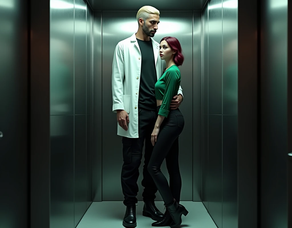 Photorealistic, cinematic, attractive young man (216cm tall:1.6) with crew cut platinum blond wavy swept-back hair, dark skin, long black stubble, Arabic-Egyptian features, white lab coat over a black t-shirt, black cargo pants and black boots, standing inside elevator next to a young woman (170cm short:1.2) vibrant maroon side-parted medium-length wavy hair, very pale skin, soft green silk work blouse, low-rise black pants and black boots.