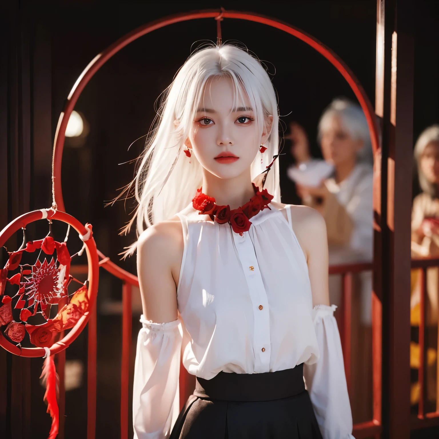 (best quality, masterpiece), (1 Girl, Solitary, Black skirt, permanent , Looking at the audience, White hair, Red Eyes, Holding a rose, Shut up, Upper Body), (There is a red dream catcher behind, safflower, )