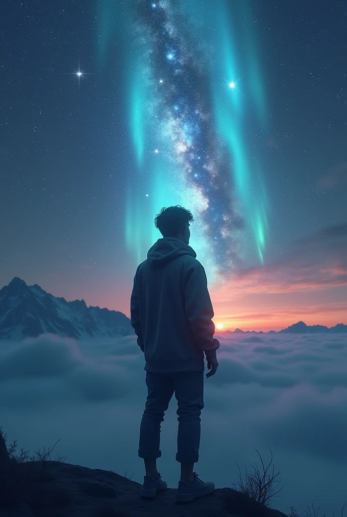 A person, from back view,reflection of cosmos inside the body,surrounded by the universe, twilight, sparks, stars, moon,aurora borealis effect, 4k visual effect, inquiring, about himself, grave, silent, interrogation point on his head, visual effect 3d