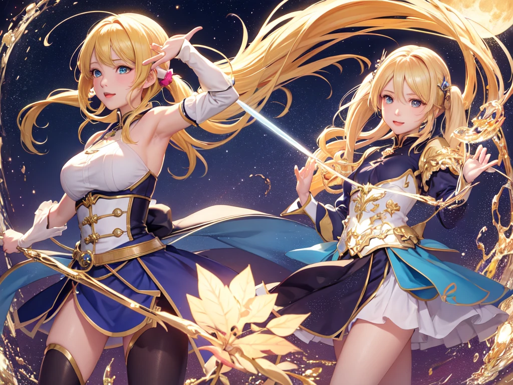 (Ultra extreme detailed),(Masterpiece),(Ultra extreme),(Realistic),CG,(color:1.2), Strong lighting,Light from behind,evaluation:Safety,A blonde person alone, 赤color,Blonde twin tails,Green Eyes,水color shrite,short_Magic Robe Costume、、Gemstone pendant、Tights Knee Socks、thunder、Magical girl、Magic wand、Castle Background、Flying in the sky、Dragonに乗っている、Dragon