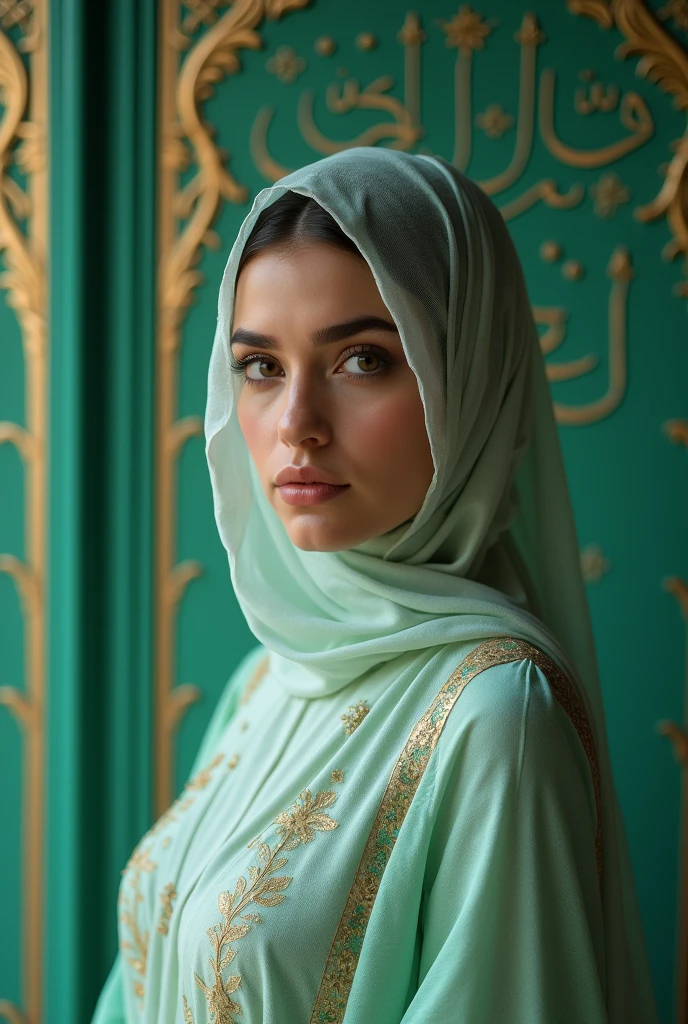 A beautiful Arabic lady wearing a burqa with only her head visible, wearing a dupatta on her head and wearing a green pathani dress with clear words (Hafsa) written on the back wall, which is clearly visible and has a beautiful design.