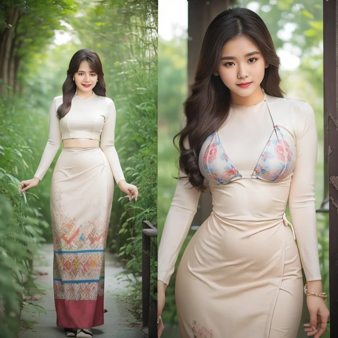 Burmese girl with attractive curvy full body. Friends full-length bikini, (👙 dress) reflective long dress painted with flower patterns, only dress. hi gh hips High resolution High resolution natural background High resolution HD 3D, 8K cartoon anime