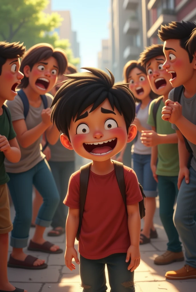  people come over here to help boy 
Any boy laughing people angry 