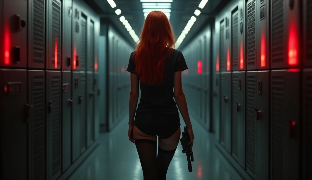 (full body shot:1) photorealistic image of a (standing pose:1) woman, ultrarealistic, photography, long red hair, woman, 24 years old, hourglass figure, perfect body, Flirty look, natural medium breasts, Full body picture, she is on a space station, in a dark corridor, only red alarmlights are on, she is wearing a tshirt and hot pants, she is holding a pulserifle, she is hiding inside of  a locker, a xenomorph is walking around looking for her, she is scared