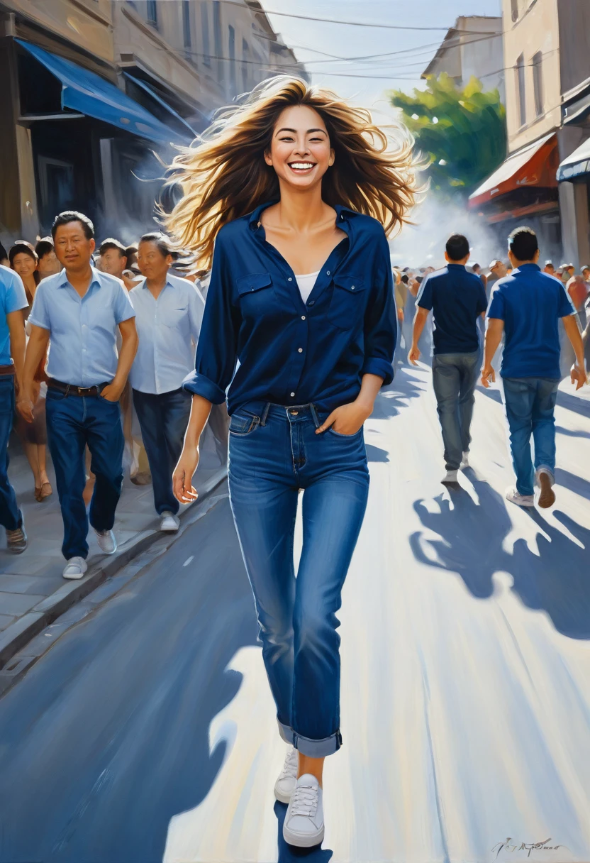 A deep stroke oil painting of A low shot of a pretty woman in a dark blue slightly unbuttoned shirt and fit size jeans and white sneakers walking through a side street where crowds and traffic hapoen. Her hair is blowing in the wind, and she is smile an inviting expression.