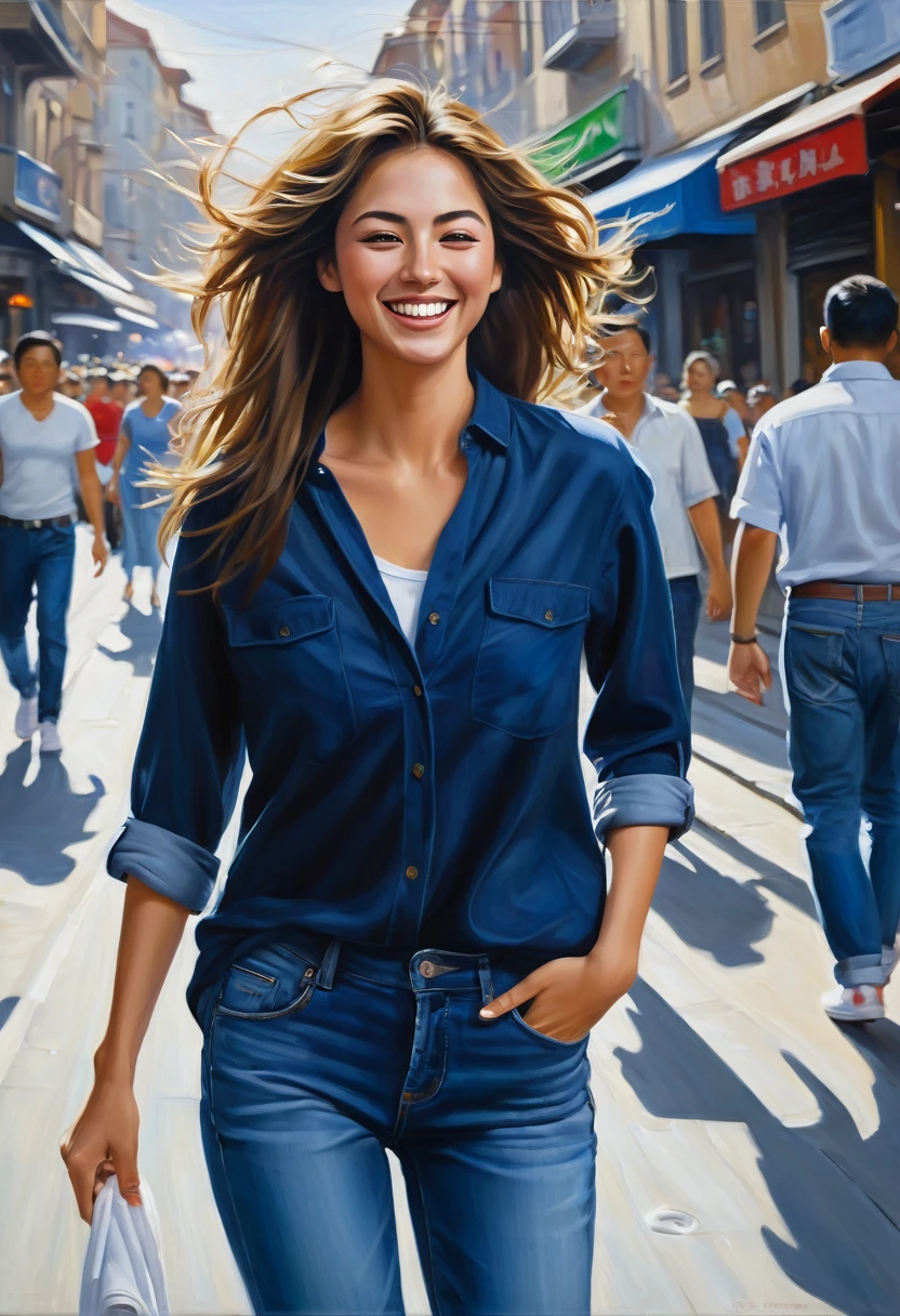 A deep stroke oil painting of A low shot of a pretty woman in a dark blue slightly unbuttoned shirt and fit size jeans and white sneakers walking through a side street where crowds and traffic hapoen. Her hair is blowing in the wind, and she is smile an inviting expression.