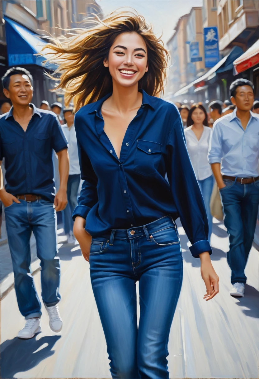 A deep stroke oil painting of A low shot of a pretty woman in a dark blue slightly unbuttoned shirt and fit size jeans and white sneakers walking through a side street where crowds and traffic hapoen. Her hair is blowing in the wind, and she is smile an inviting expression.