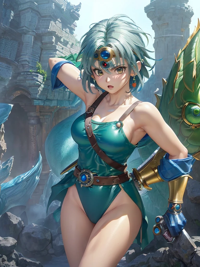 A Beautiful detailed girl with green wavey hair in Yamato Nadeshiko style, Break,short haircut, wearing blue leotard, Break,off-shoulder, black pareo skirt, Break,red cloak, Break,(circlet, wielding evil sword, fantasy Dragon Quest inspired scene , highest quality, 8K, highly detailed faces and bodies, masterpiece, high quality, realistic,photorealistic, detailed description, vibrant colors, studio lighting, physically based rendering:1.5)