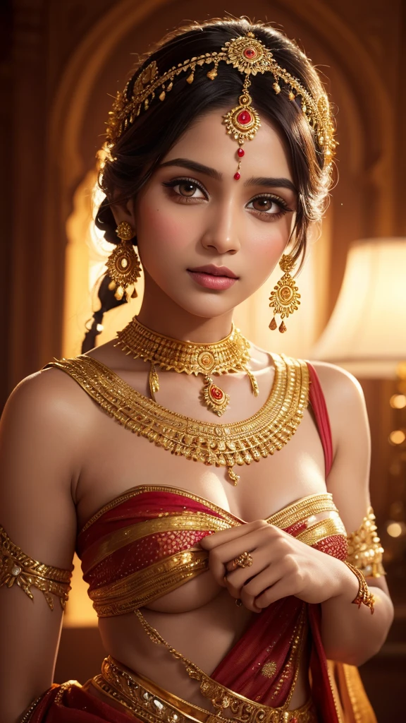 a beautiful young woman, 1girl, indian traditional dress, sari, ornate gold jewelry, mehndi hand painting, intricate floral headpiece, elegant pose, soft lighting, cinematic composition, vibrant colors, highly detailed, photorealistic, 8k, best quality
