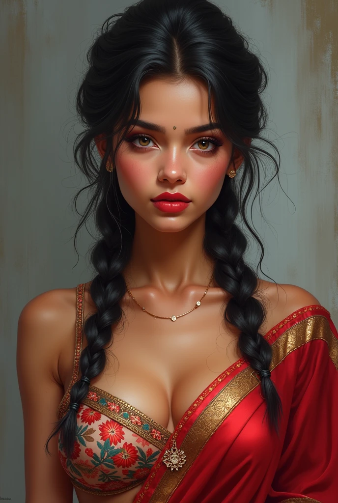 perfect pink eyes, fantastic face, Indian, beautiful look, ((red lips, bright eyes, curve heir 1.5)), ((beautiful details very big breast )), (Straight round and ultra huge clevage, not sagging breast), A glorious gorgeous, glorious gorgeous face, pretty face, bright eyes, detailed elegant printed red saree, updo elegant hair, blurred gray tones background, ultra focus, face ilumined, face detailed, 8k resolution, painted, dry brush, brush strokes, razumov style and garmash style, by Tokaito, sexy woman, full body,double bun,double braids, school girl outfit, black hair,perfect eyes, cowboy shot, UHD, anatomically correct woman, no visible hands, photo realistic,relevant and detailed surroundings, vibrant colors, dramatic lighting age 18 year