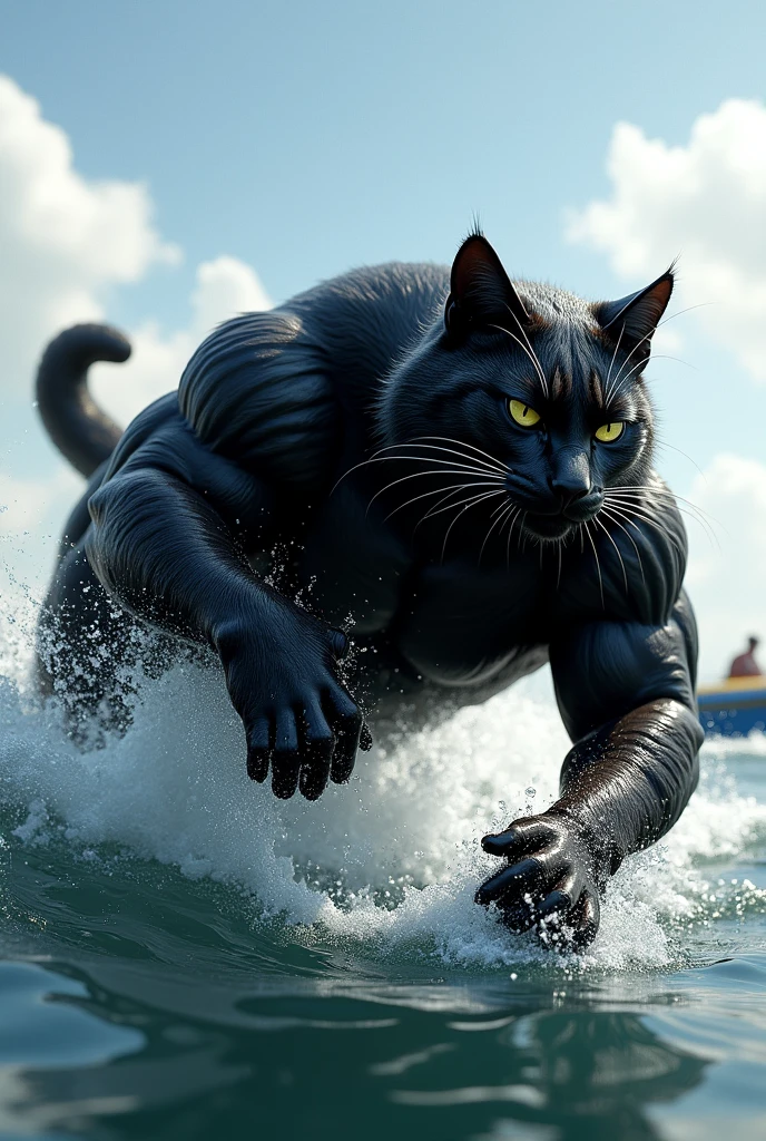 black muscular cat swim and chasing the boat