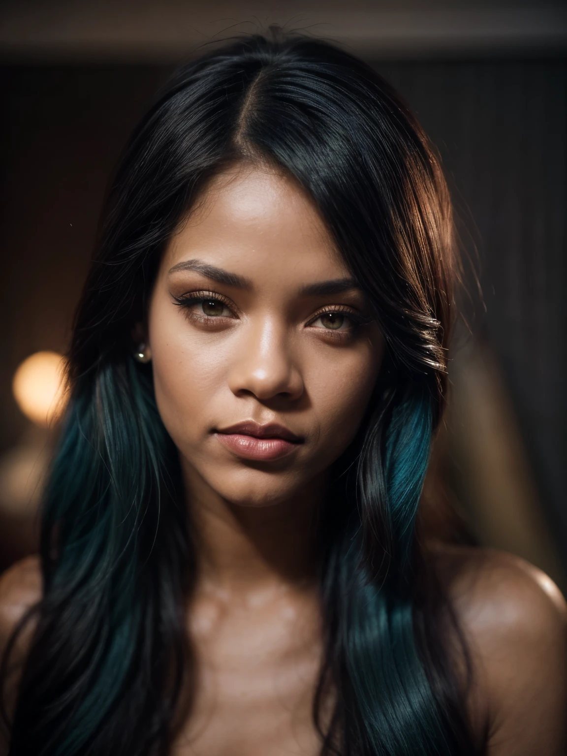 (close-up, 1 woman, 26 years old, coloured long blue hair, Mix out of 150% Rihanna and 50% Alicia Keys, 172cm height, 68kg weight, soft curly intense long red hair, clear green eyes, long dark black lashes, perfectly shaped dark black eyebrows, dark caramel tanned skin, slim and well-defined body, curvy body, elegant thin nose, small ears, full lips, white teeth, small soft ladylike hands, painted fingernails, wearing a pink joggingsuite:1.2), (highly detailed face:1.4) (smile:1.1), (background inside dark, moody, living room:1.3), POV, by lee jeffries, nikon d850, film stock photograph, 4 kodak portra 400, camera f1.6 lens, rich colors, hyperrealistic, lifelike texture, dramatic lighting, cinestill 800