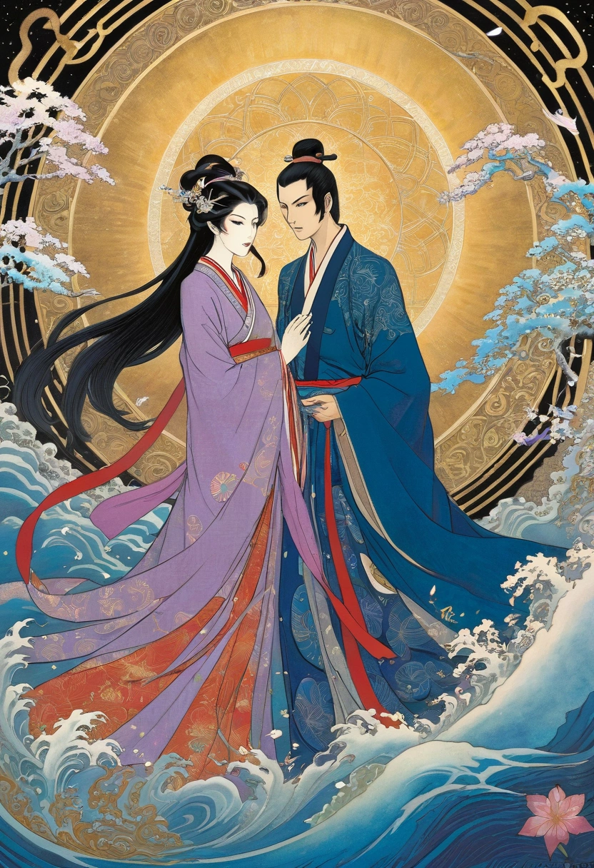 Prompt:
Izanagi and Izanami are depicted majestically in the ethereal realm of Takamagahara, surrounded by an aura of divine light. Other gods, ethereal and luminous, float gracefully around them, their forms shimmering in the celestial glow. The sky is a swirling mix of vibrant blues and purples, signifying the chaos of unformed creation. Izanagi and Izanami stand firmly, their expressions resolute as they grasp the heavenly jeweled spear, Ame-no-Nuboko, which gleams with an otherworldly iridescence, reflecting the birth of their divine determination to create the land.