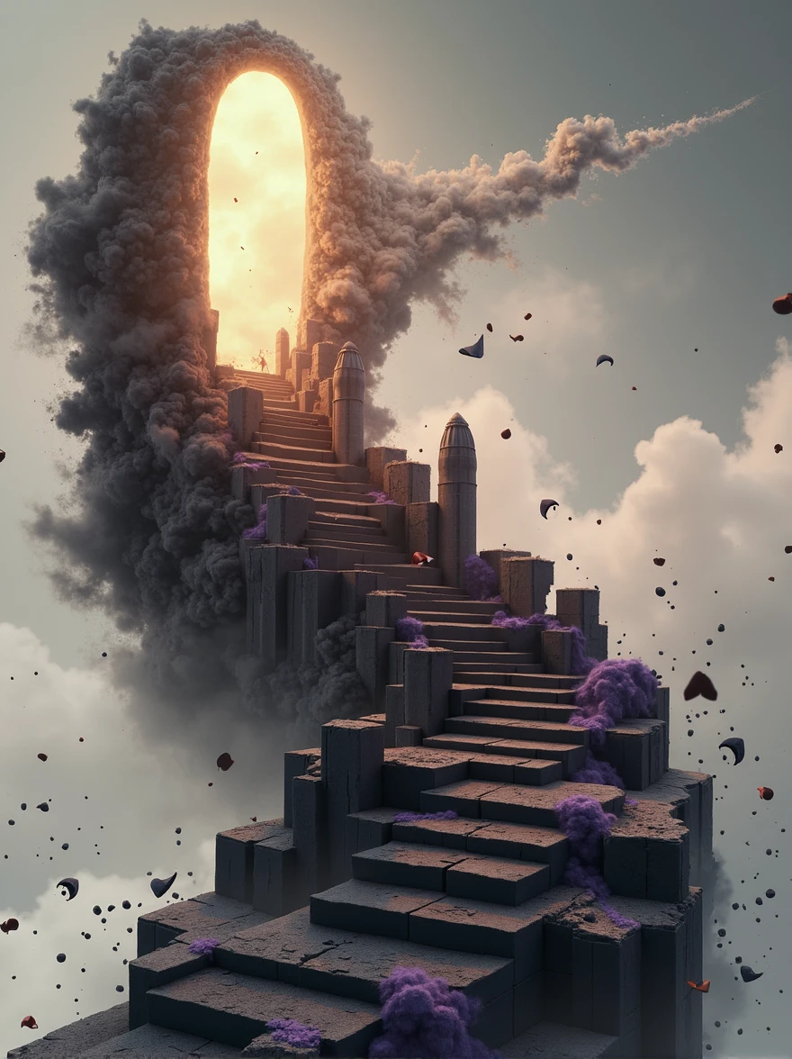 ((Purple mist and smoke shroud:1.7)), (Mysterious Fog:1.5), A visualization of an intense storm: the stormcloud takes the shape of a woman's face, obscured by the shadows and nuances of the turbulent cloud formations. From her mouth, strong winds are emitted, metaphorically speaking. These potent gusts are causing significant damage to a cityscape, reducing buildings to dust. Debris is scattered by the storm, painting a picture of the raw power of nature. However, the scene is devoid of people ensuring everyone's safety is prioritized in this imaginative depiction.