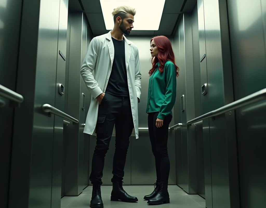 Photorealistic, cinematic, attractive young man (216cm tall:1.5) with crew cut platinum blond wavy swept-back hair, dark skin, long black stubble, Arabic-Egyptian features, white lab coat over a black t-shirt, black cargo pants and black boots, standing inside elevator next to a young woman shoulder height (170cm short:1.2) vibrant maroon side-parted medium-length wavy hair, very pale skin, soft green silk work blouse, low-rise black pants and black boots. 