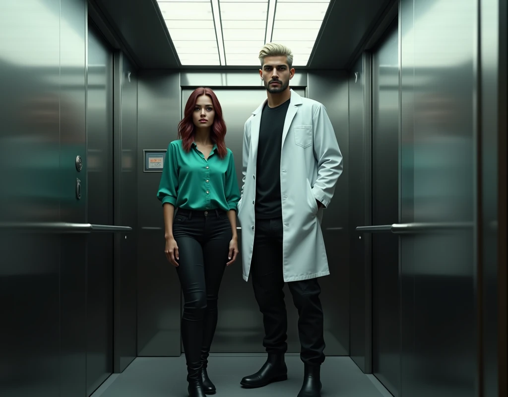 Photorealistic, cinematic, attractive young man (216cm tall:1.5) with crew cut platinum blond wavy swept-back hair, dark skin, long black stubble, Arabic-Egyptian features, white lab coat over a black t-shirt, black cargo pants and black boots, standing inside elevator next to a young woman shoulder height (170cm short:1.2) vibrant maroon side-parted medium-length wavy hair, very pale skin, soft green silk work blouse, low-rise black pants and black boots. 