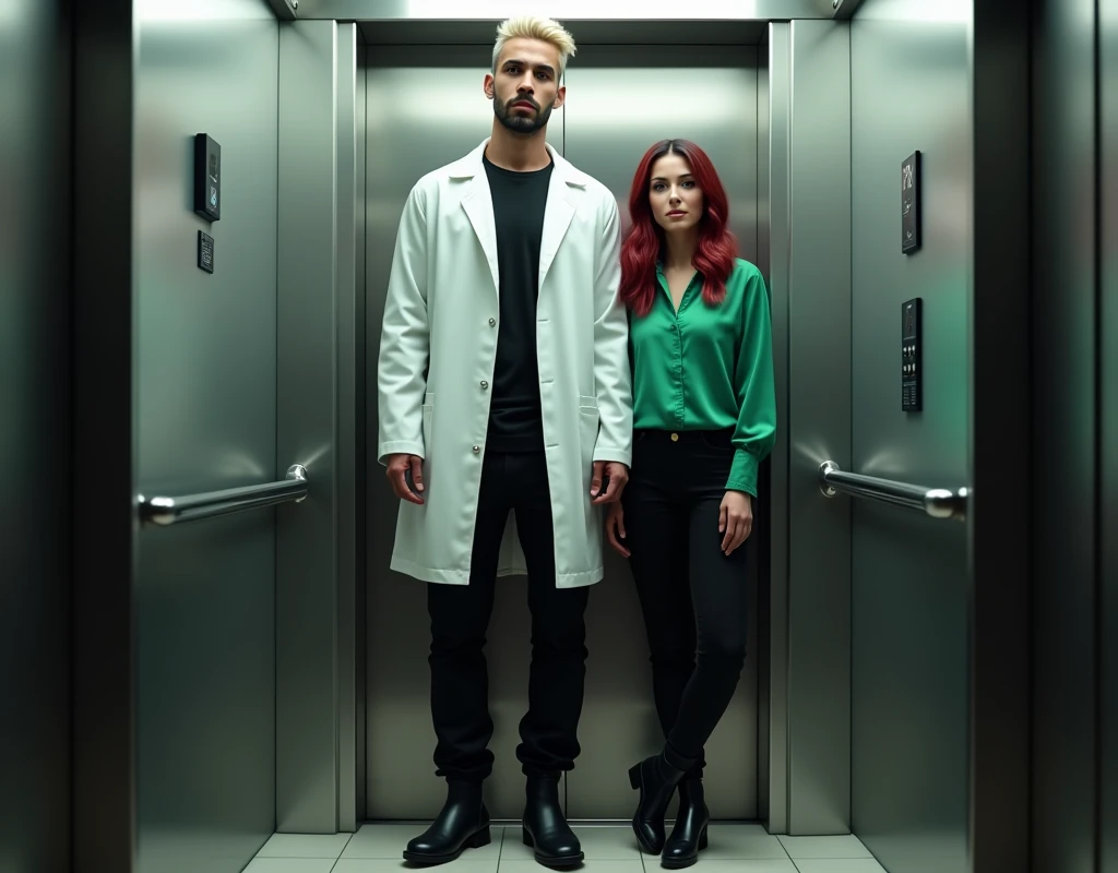 Photorealistic, cinematic, attractive young man (216cm tall:1.5) with crew cut platinum blond wavy swept-back hair, dark skin, long black stubble, Arabic-Egyptian features, white lab coat over a black t-shirt, black cargo pants and black boots, standing inside elevator next to a young woman shoulder height (170cm short:1.2) vibrant maroon side-parted medium-length wavy hair, very pale skin, soft green silk work blouse, low-rise black pants and black boots.