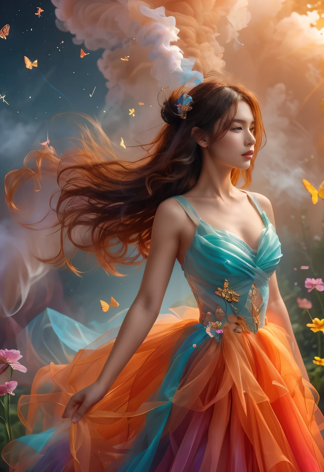 1girl,cloud,smoke,floating hair
Atmosphere, portrait, photography, girl in the garden, thousands of flower colored glaze styles, meteors, butterflies, swords, (best quality, 4K, high resolution, masterpiece: 1.2), bright colors, detailed flowers, sparkling glass, charming patterns, delicate petals, glowing sword hilt, ethereal light, complex blades, rotating stars, charming atmosphere,