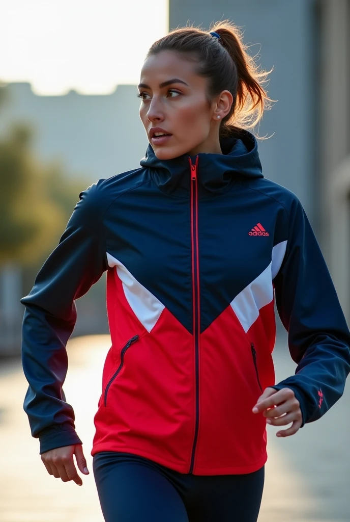 A sport windbreaker on the right upper chest all the way to the arm and hand it should be navy blue the mirror line should be a zip making the left upper chest all the way to the left arm and hand red...then from the all the breast up until to the hip passing by the belly should be white..and lastly the hood being slipt red on right and blue on left